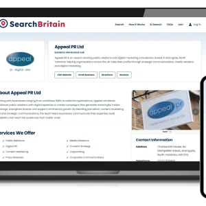 SearchBritain Business Knowledge Hub displayed on a laptop and mobile device, showing a verified UK business profile designed for customers and AI-powered search.