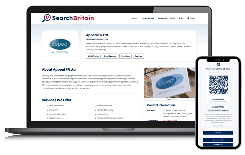 SearchBritain Business Knowledge Hub displayed on a laptop and mobile device, showing a verified UK business profile designed for customers and AI-powered search.