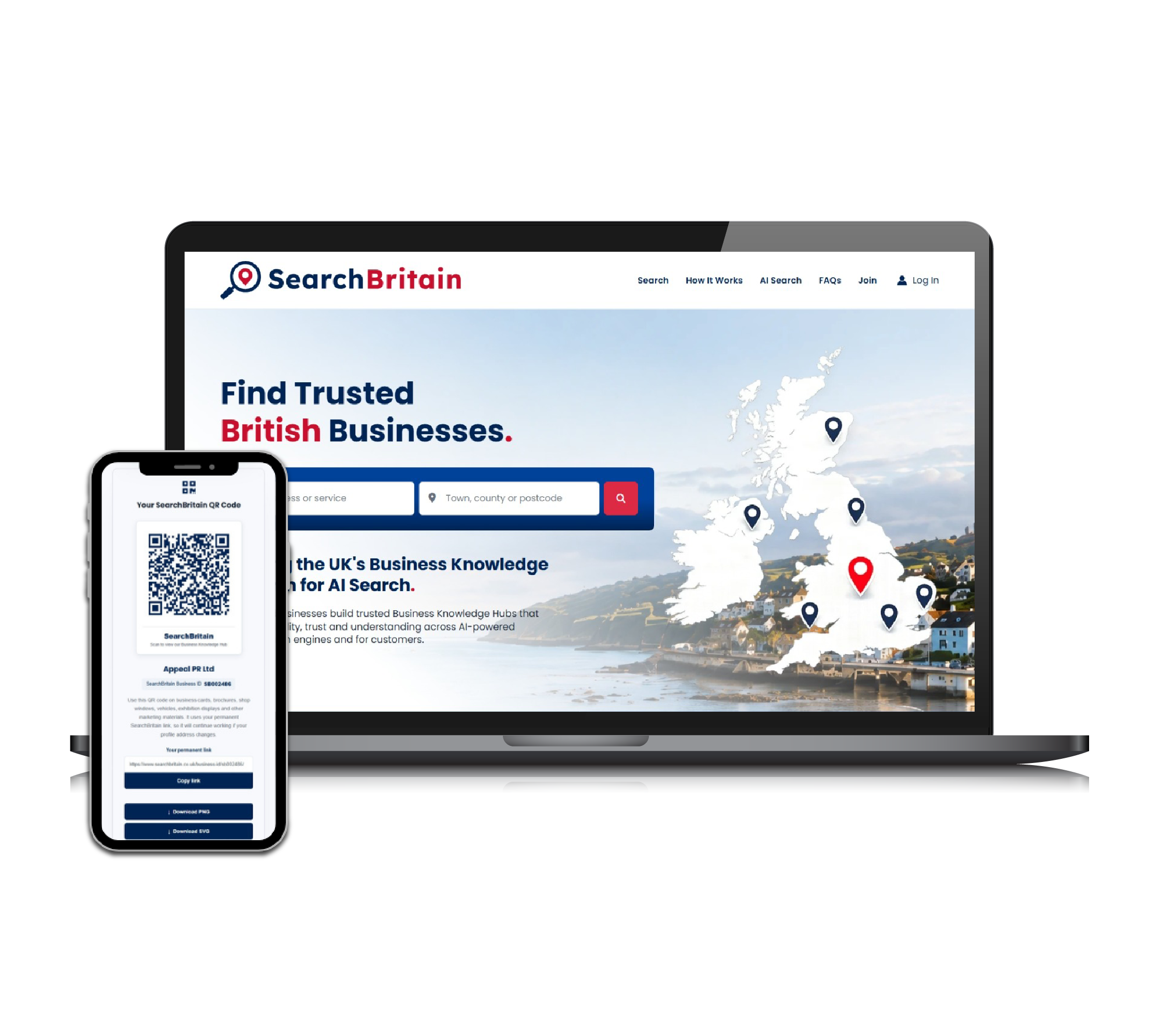 SearchBritain homepage displayed on a laptop and smartphone, showing the UK's AI-first Business Knowledge Platform for trusted British businesses.