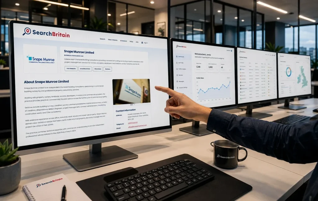 SearchBritain team member using the SearchBritain business search platform to find trusted UK businesses.