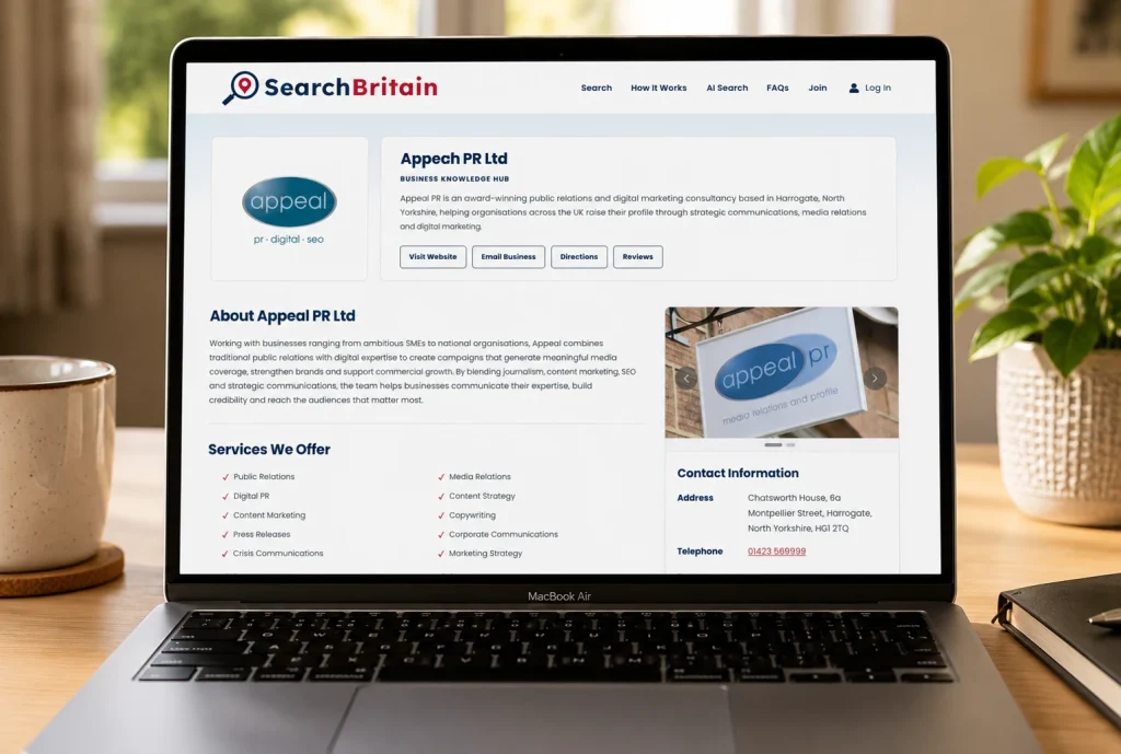SearchBritain Business Knowledge Hub displaying a verified business profile for Appeal PR Ltd.
