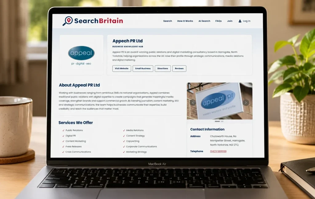 SearchBritain Business Knowledge Hub displaying a verified business profile for Appeal PR Ltd.